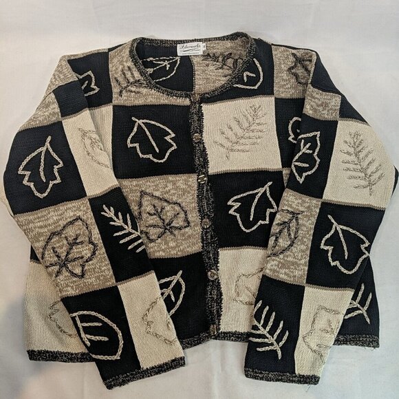 Fiberworks Hand Embroidered Brown Leaves Knit Cardigan Sweater Button M Black - Picture 1 of 15